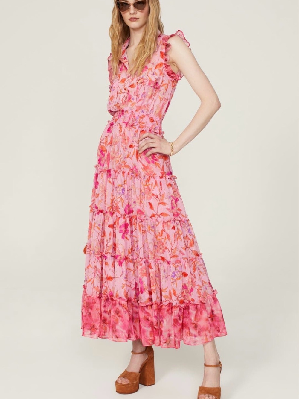 Misa Los Angeles Pink Floral Tiered Maxi Dress
